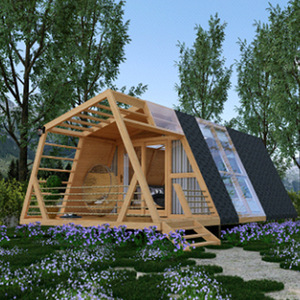 Cabane d'été moderne en bois, charpente traitée sous pression, avec murs en verre et terrasse en bois, idéale pour le camping en plein air - Product Image 2