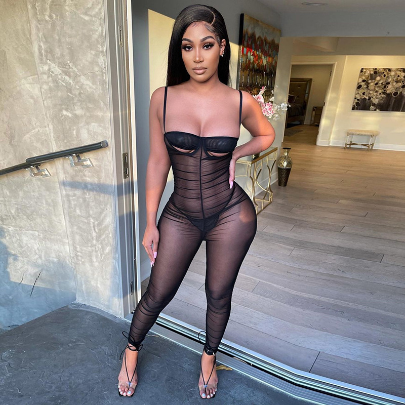 Mesh Sling Pleated Pants Tight Dress 