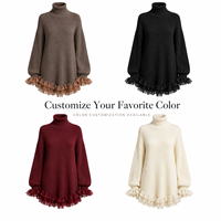 Robe pull ample en maille unie pour femme, col roulé haut, manches longues lanternes, ourlet à volants en dentelle, mini-robe oversize