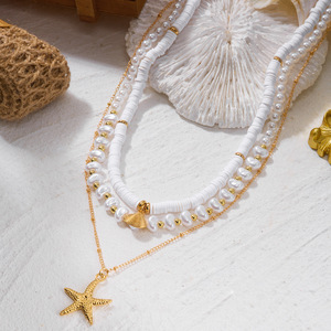 Nouveau collier bohème d'été plaqué or 18 carats multicouche avec pendentif étoile <span class=keywords><strong>de</strong></span> mer, coquillage et perle, chaîne perlée blanche, bijoux <span class=keywords><strong>de</strong></span> vacances pour femme - Product Image 5