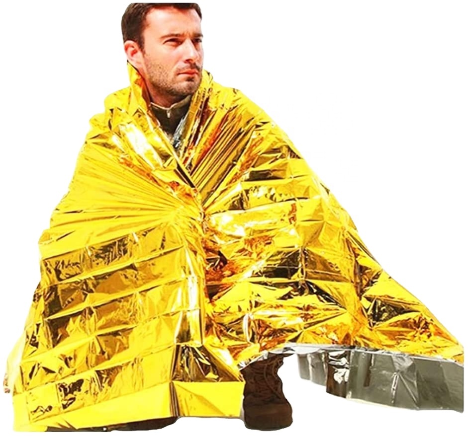Золотистое серебристое двустороннее аварийное одеяло, одеяло для выживания из фольги
