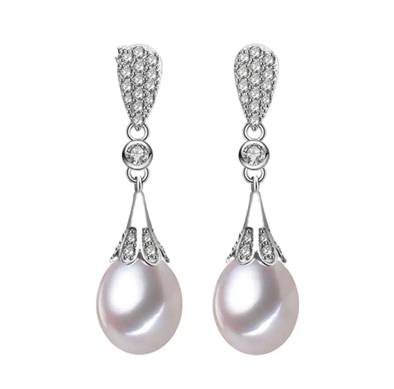 925 sterling silver CZ diamond freshwater long pearl earring stud