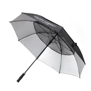 Gümüş kaplama UV koruma güneş ve yağmur geçirmez lüks büyük Golf düz şemsiye ile özel Logo baskı
