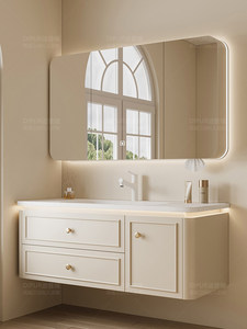 New intelligent heat-bending integrated ceramic basin oak French bathroom washbasin hanging cabinet - Product Image 5