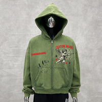 Hoodie court personnalisé en molleton bouclette épais, coupe ample, style vintage, délavé aux enzymes, avec fermeture éclair, impression DTG, broderie et éclaboussures de peinture