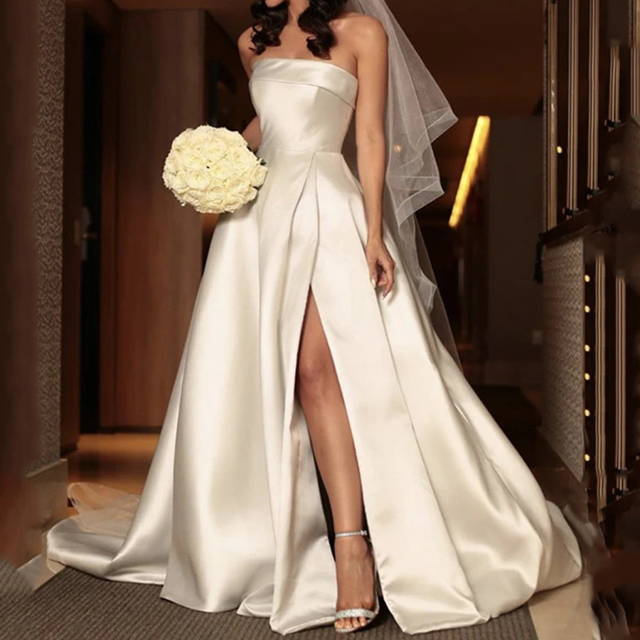 sachin and babi light blue dress Elegant Strapless Satin Wedding Dress with Slit