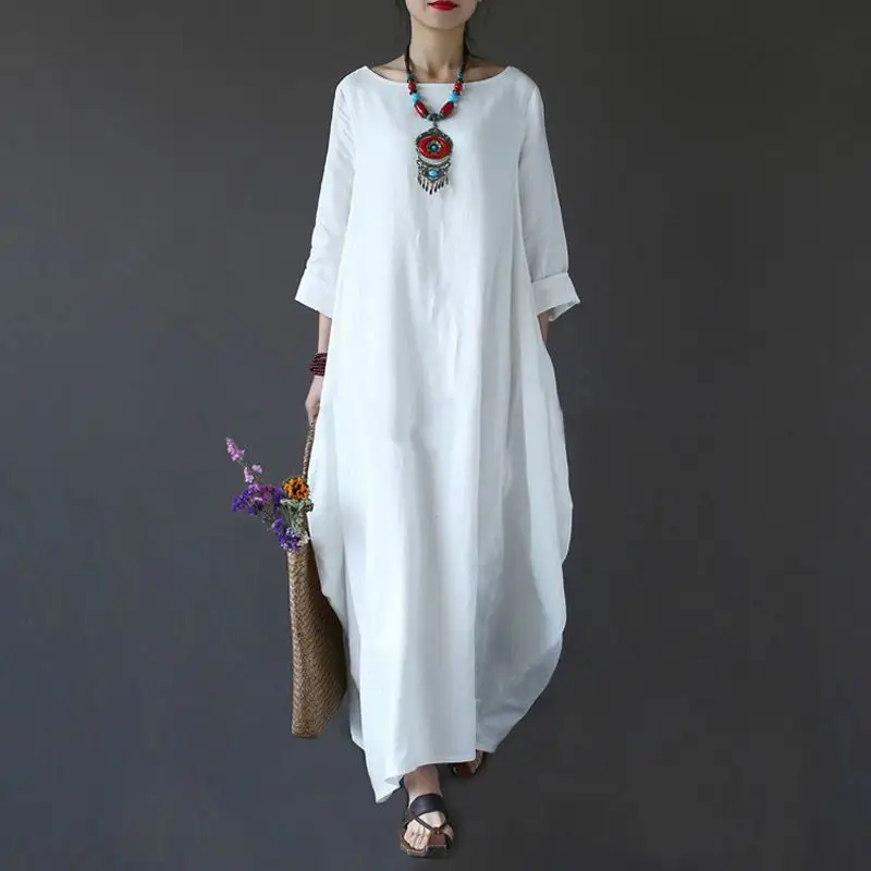 도매 최신 디자인 여성 느슨한 코튼 린넨 드레스 긴 순수 컬러 플러스 사이즈 이슬람 간단한 OEM 사용자 정의 캐주얼 긴 드레스