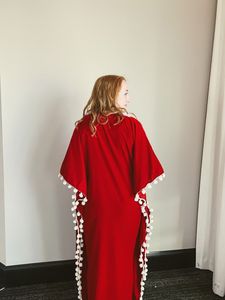 Red <b>Kaftan</b> Cotton Dress With V Neck Short Batwing Sleeves Pom Pom Trim Relaxed Fit And Flowing Silhouette <b>Kaftan</b> Dress For <b>Women</b> - Product Image 2