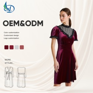 Maxi abito elegante in velluto <span class=keywords><strong>bordeaux</strong></span> con scollo a V per la sera d'estate Soirées motivo floreale stile dolce tessuto bottone Midi antistatico ODM - Product Image 1
