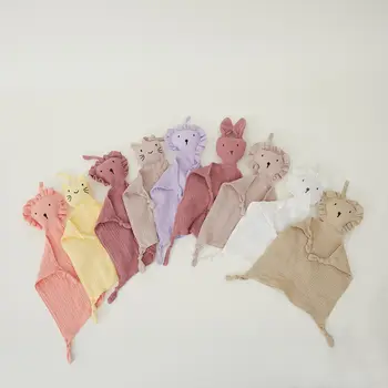 New Baby Organic Cotton Muslin Swaddle Blanket Lion Bunny Toy Lovey Comforter Security Blanket for Newborn