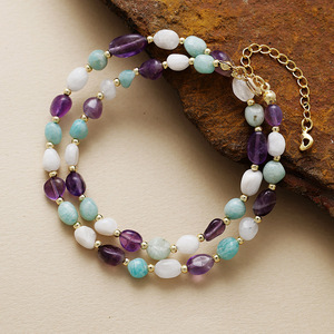Natural Stone Crystal Necklace And <b>Bracelet</b> <b>Set</b> For Women Amethyst White Teal Beads Gold Clasp Gift Jewelry Yiwu Origin - Product Image 1
