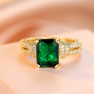 Green Crystal <strong>Square</strong> Stone <strong>Engagement</strong> <strong>Rings</strong> for Women Yellow Gold Color Wedding Band Jewelry May Birthstone Mother's Day Gifts - Product Image 2