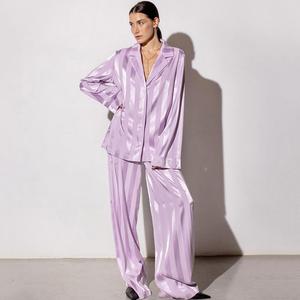 Pyjama d'été uni à rayures, manches longues, pantalon en soie tendance, ensemble deux pièces pour femme, tenue d'intérieur - Product Image 2