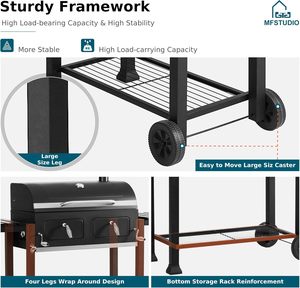 Barbecue fumoir moderne d'extérieur sur chariot, grand format, pour jardin et fêtes, noir, avec grille à charbon flambe et finition chromée - Product Image 6
