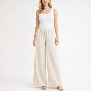 맞춤 도매 하이웨이스트 루즈 팬츠 린넨 코튼 여성 와이드 레그 팬츠 - Product Image 2