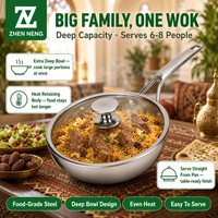 Wok en acier inoxydable Zhenneng sans revêtement, sans PFOA, avec couvercle en verre trempé, poêle à frire profonde en acier de qualité alimentaire, manche long