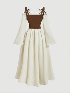 Robe maxi décontractée vintage à épaules dénudées et blocs de couleur |   Silhouette évasée pour toutes les saisons - Product Image 2