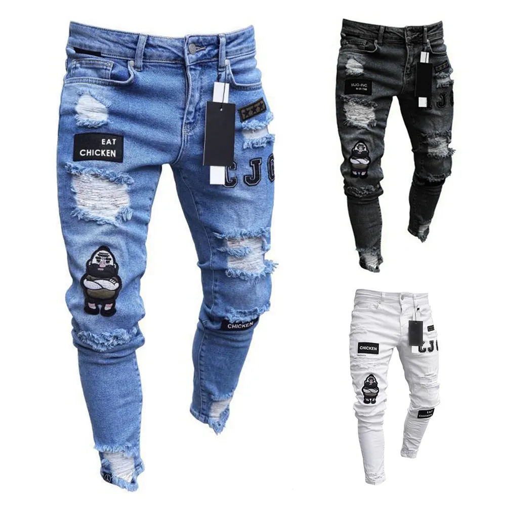 2021 New Italy Style Men's Distressed Destroyed Badge Pants Art Patches Skinny Biker White Jeans Slim Trousers men fashion jeans