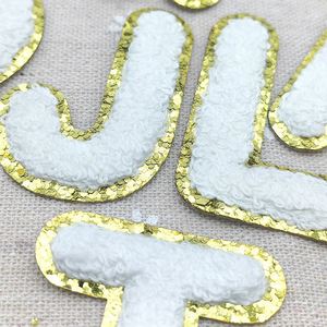 <b>Iron</b> on Alphabet Chenille Patches with Eco-Friendly Fabric Sequins Decoration Cute Font Glitter Gold Edge 5cm Size for Hats - Product Image 4