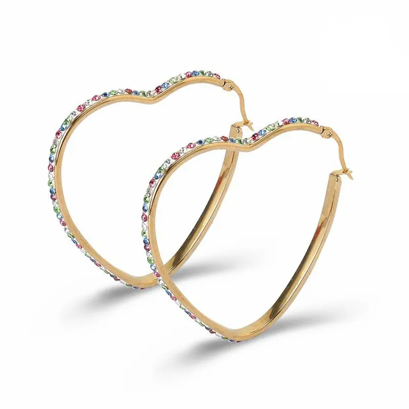 Boucles d'oreilles Huugie en forme de cœur avec strass irisés pour femmes, bijoux de luxe en acier inoxydable, or Rose, strass glacé