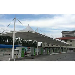中国工厂户外汽车车库帐篷钢织物拉伸膜结构pvdf汽车停车棚屋顶雨棚设计