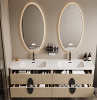 Meuble-lavabo double vasque flottant moderne, armoire de salle de bain murale sur mesure avec miroir LED ovale intelligent pour salle de bain de luxe