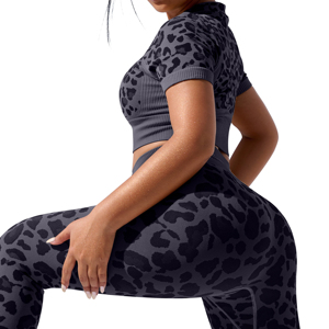 Set di Leggings leopardati e reggiseno da donna con maniche corte personalizzate a vita alta Yoga 2 pezzi da palestra - Product Image 2