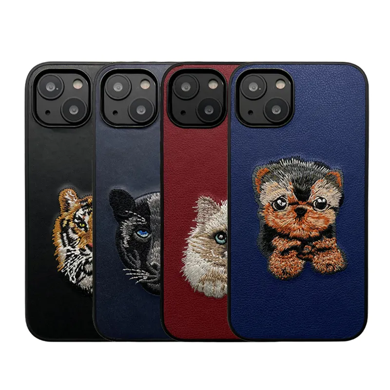 カスタムパターンロゴ高品質動物刺繍ソフトスリムPUピュアレザー携帯電話ケースiPhone 14 15 pro max