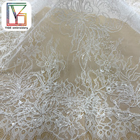 Tissu en dentelle florale 3D tendance avec perles, dentelle Chantilly, tissu à sequins, dentelle blanche perlée, dentelle française pour robes de mariée