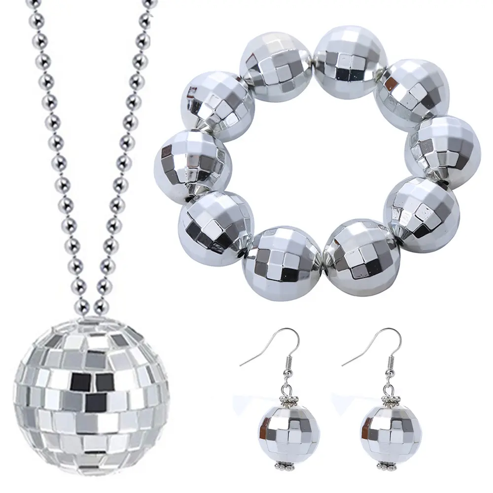 Disco Ball Costume Jewelry Decorations 1970s Silver Mirror Balls Bracelet Earrings Necklace Rave Accessories for Women and Girls