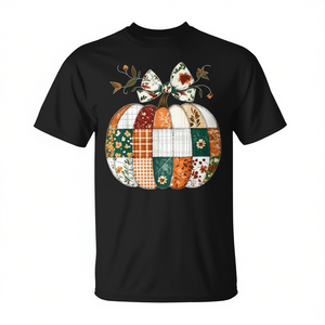 T-Shirt Patchwork con Motivo Floreale e Zucca, Collo Tondo, Manica Corta, Unisex, per Adulti, Autunno, Halloween, Abbigliamento Promozionale con Stampa Digitale - Product Image 3