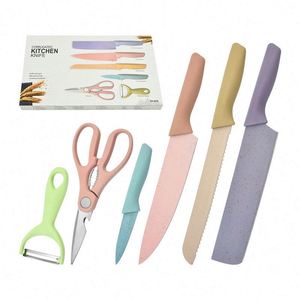 Juego de Cuchillos de Cocina Reutilizables de Paja de Trigo, Juego de Cocina Portátil de 6 Piezas con Tijeras, Juego de Cuchillos de Cocina Multifunción - Product Image 1
