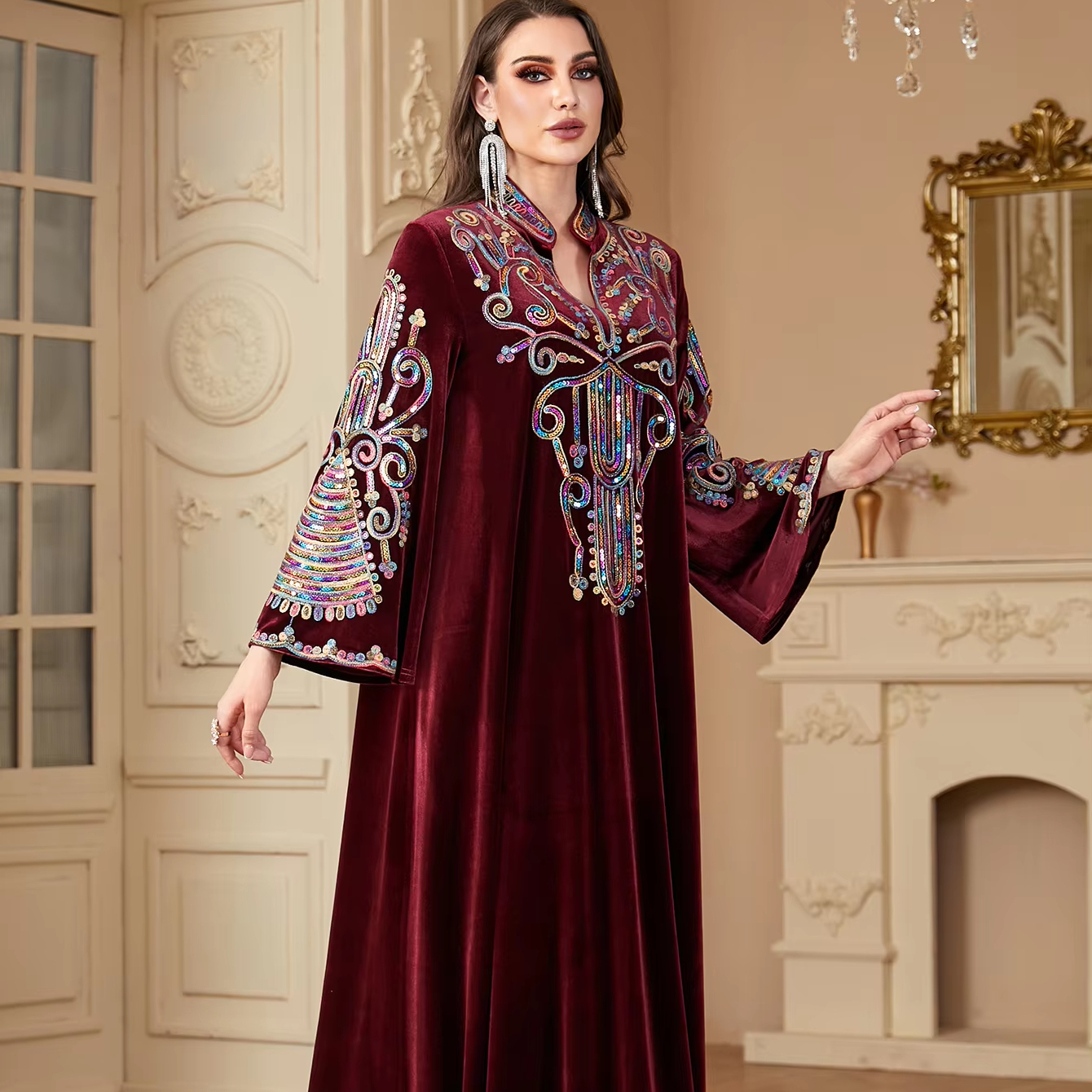 dress muslim winter women J-231 Long Sleeved in Autumn and Abaya Muslim Dress Ieena for Mac Duggal deluxe going out Jersey Colors:Dusty Rose