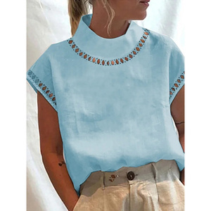 Camicetta da <span class=keywords><strong>donna</strong></span> Vintage in cotone solido lino estate Casual Chic tunica Hallow colletto alla coreana camicette bianche <span class=keywords><strong>oversize</strong></span> - Product Image 4