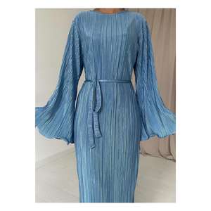 Abito Lungo Plissettato Blu con Maniche Spagnole, Collo a O, Vita Naturale, per Feste e Occasioni Casual, Tessuto Traspirante, <span class=keywords><strong>Vestito</strong></span> <span class=keywords><strong>da</strong></span> <span class=keywords><strong>Donna</strong></span> - Product Image 2