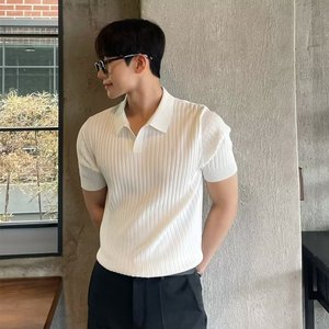 Polo à manches courtes rayé pour homme, coupe ajustée, respirant, couleur unie, tricot décontracté, blanc, noir, vert, abricot, MLXL2XL3XL - Product Image 1