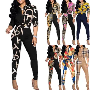 Wholesale Two Piece Set Women Outfits office Ladies Long Sleeve Print Shirt And Long Pants 2 Piece Casual Pants Set