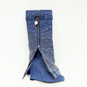 Bottes de mode 2025 pour femmes, style cowboy, bleues, à talon compensé, ornées de strass, avec boucle métallique, pointures 34-43 - Product Image 5