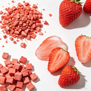 Poudre de fraises lyophilisées biologiques et fruits entiers, coupés en <span class=keywords><strong>d</strong></span>és, concassés, granulés, en vrac, vente en gros - Product Image 1