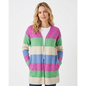 Cárdigan de punto con relieve y bloques de color en contraste para mujer, suéter de manga larga con frente abierto y bolsillos, abrigo informal para otoño e invierno - Product Image 1