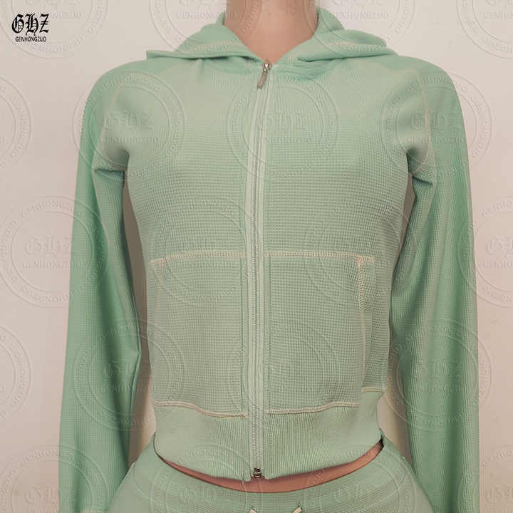 Waffle-Knit Zip Up Hoodie and Shorts Set