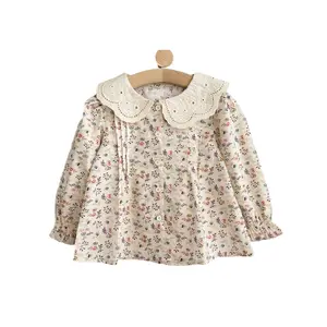 Virgilkids Korean Style Ruffle Embroidered Collar Floral Lace Long Sleeve Shirt Top Girls Floral Shirt Blouse For Kids Toddler