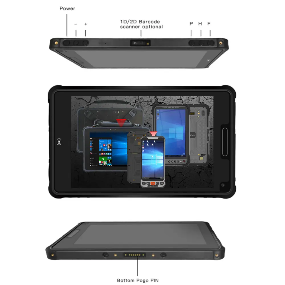 แท็บเล็ตพีซีที่ทนทาน8นิ้ว dows10ชนะรับประกัน OEM UHF 4GB 64GB หน้าจอสัมผัสพอร์ต USB3.0ระบบสแกน2D NFC