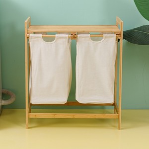 Bamboo Laundry Rack Double <b>Canvas</b> Bag Storage <b>Frame</b> For Home Bathroom Use - Product Image 1
