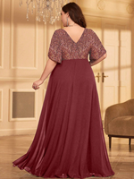 Robe de soirée élégante en mousseline de soie avec patchwork de paillettes, taille plus, noire, couleur unie, col en V, avec fermeture éclair au dos