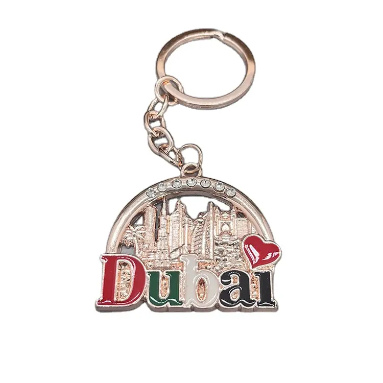 Bán Buôn Dubai Du Lịch Quà Lưu Niệm Keychain 3D Arc Rhinestone Dubai Keyring Kim Loại Tùy Chỉnh Lưu Niệm Rose Gold Kim Loại Dubai Keychain