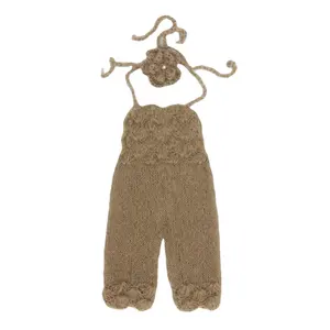 Newborn photography props woolen mohair knitted clothes baby photo clothes crochet overalls headwear two-piece set