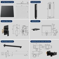 Système de douche pluie 12 pouces à montage au plafond, noir mat, avec douchette à main et mitigeur en laiton inoxydable