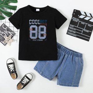 Vêtements pour bébé garçon 18 <span class=keywords><strong>mois</strong></span>, ensembles de tenue courte d'été pour bébé garçon <span class=keywords><strong>24</strong></span> <span class=keywords><strong>mois</strong></span>, manches courtes, lettres imprimées, hauts, Shorts en Denim élastique 2 pièces - Product Image 2