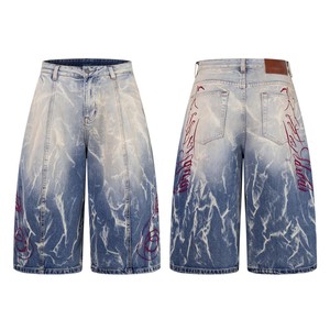 Pantalones Cortos Bermuda de Mezclilla Rectos para Hombre, Estilo Retro, con Textura Mármol Completa, Bordado Cursivo Personalizado y Cierre de Botón Metálico - Product Image 1